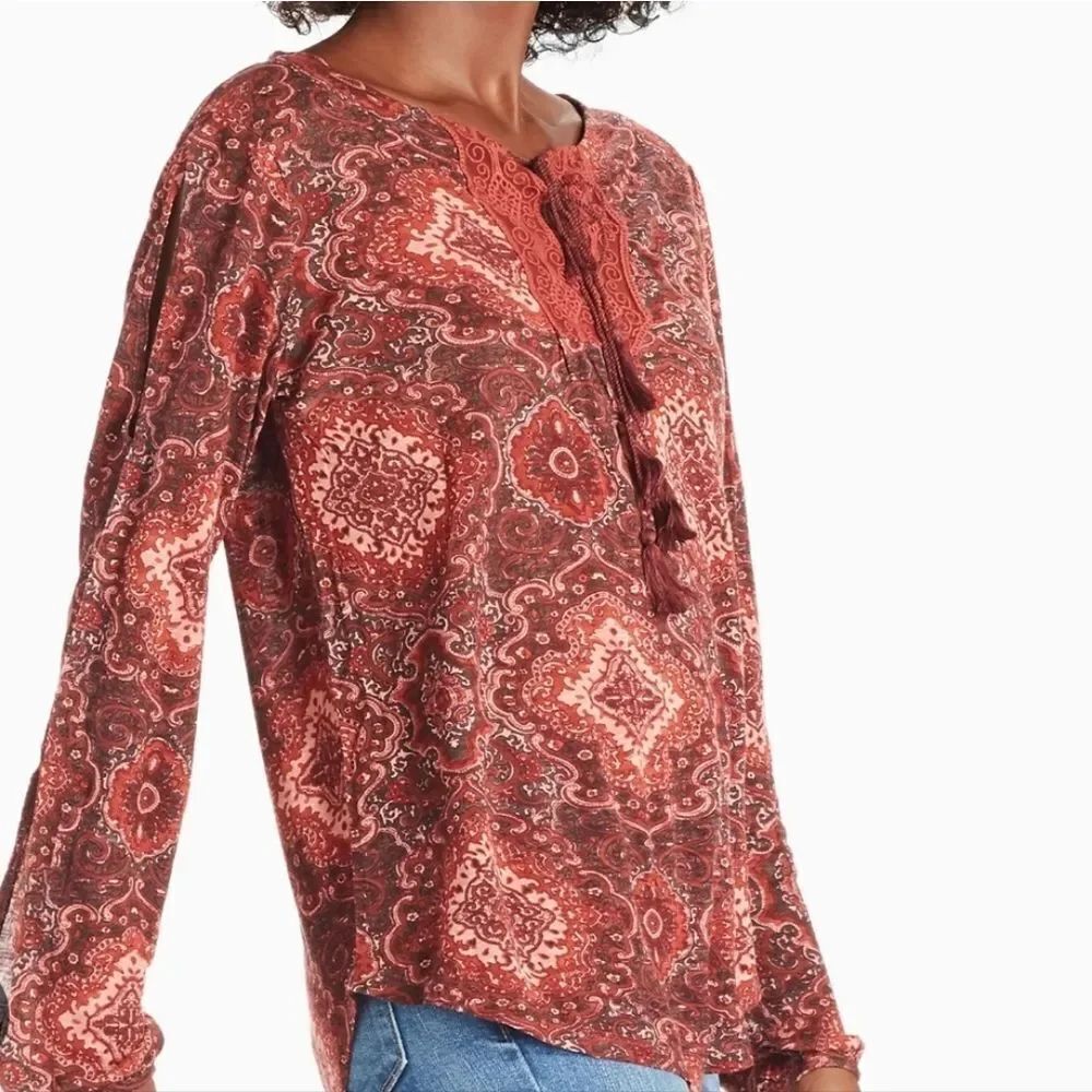 Lucky Brand Brown Paisley Knit Top. Bohemian. Festival